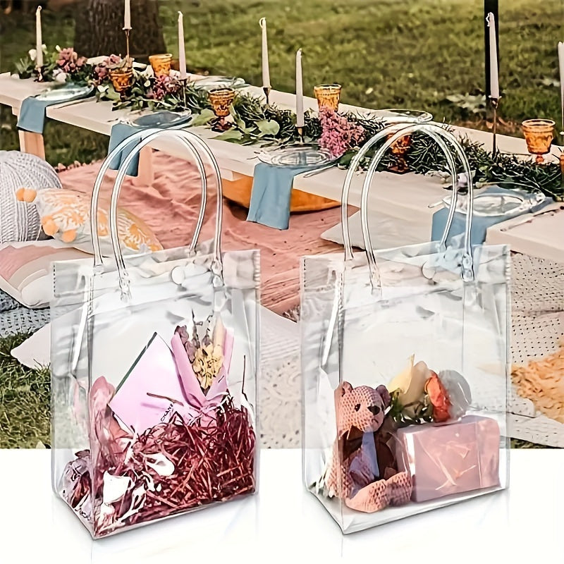 50pcs, Clear Plastic Gift Bags With Handle, Reusable Transparent PVC Plastic Gift Wrap Tote Bag For Mother's Day Christmas Boutique Wedding Birthday Party Favor (7.9" X 5.9" X 2.75"), Shopping Bag, Party Bag, Party Favor